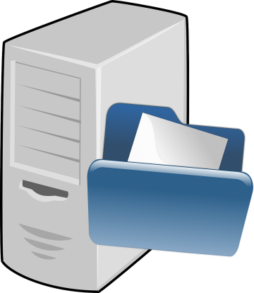 icon of a grey desktop computer with blue folder with a piece of paper showing in it.