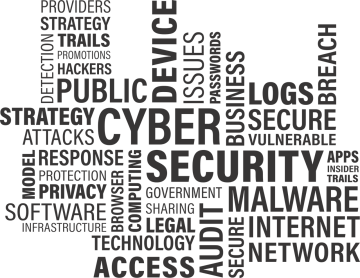 word cloud of cyber security words and associated words such as breach access network internet attacks and more