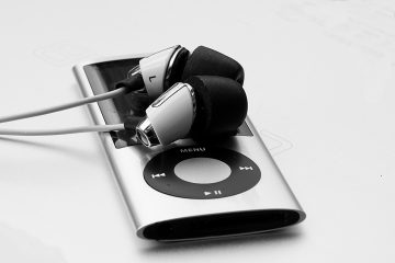 grey and black ipod graphic with wired matching earbuds showing comfortable looking foam pads