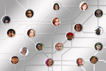 photo of an array of men and women from around the world attached by kines on a grid showing how networking across space happens