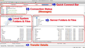 screenshot of the file transfer software used called Filezilla showing steps of how it works to transfer from computer to the cloud hosting service