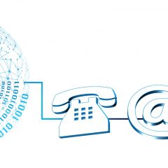 graphic with a phone @ gmail sign and envelope with a circle with lines and zeros and ones showing how information passes through the world
