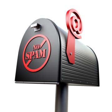 dark grey mailbo with a red "@" internet sign flag turned up sign "No Spam" red circle with a line through it on the front of the mailbox