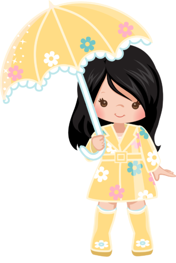 little dark haired girl graphic with yellow umbrella, raincoat with flowers and rainboots