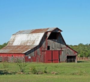 old farm house missing red paint in a green field of grass
