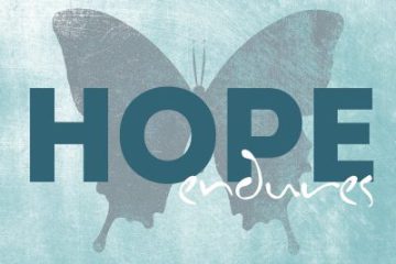 blue background with grey butterfly words hope endures written on top