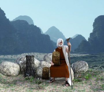 elderly man with white beard and a staff holding a tablet with commandments